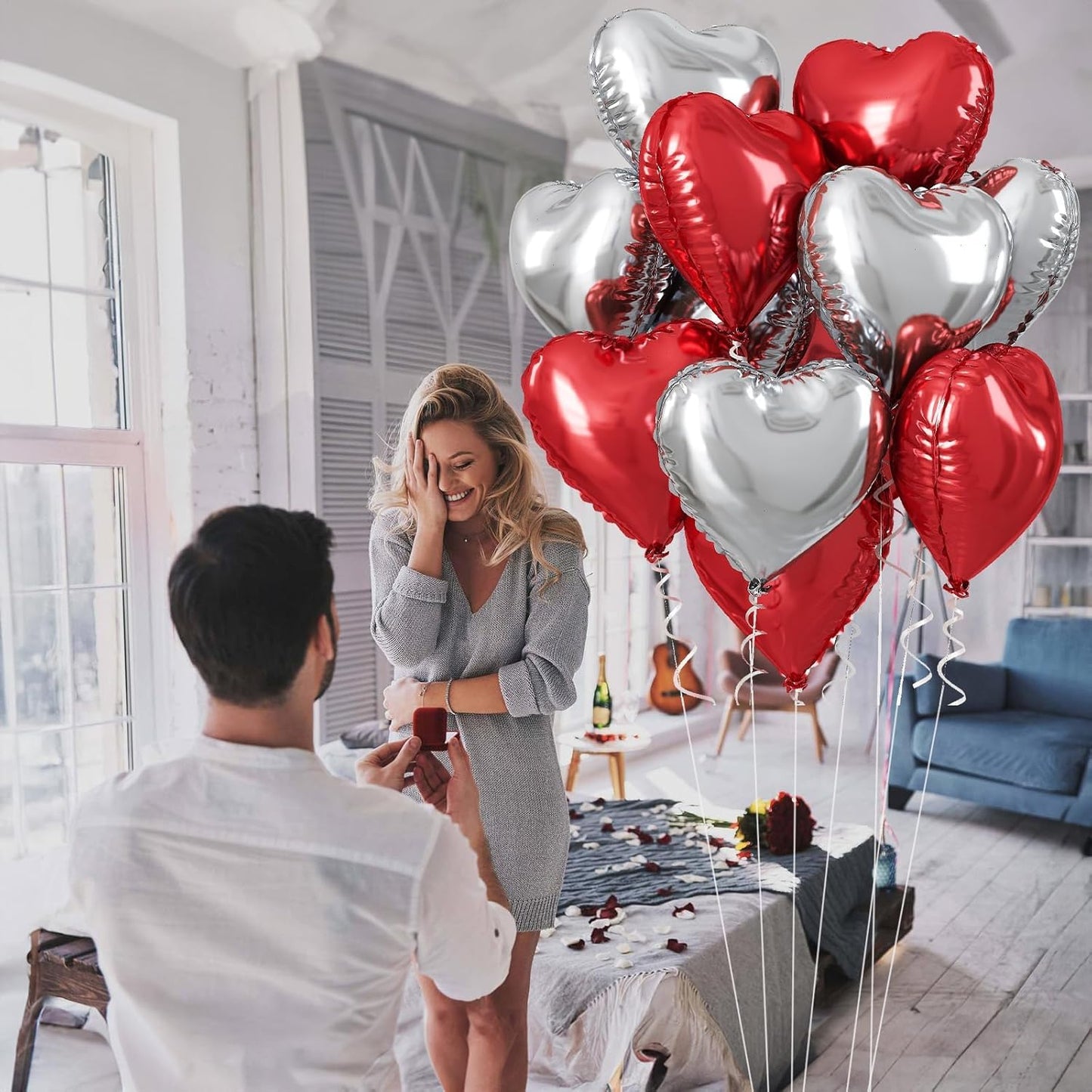 Red Silver Heart Balloons, 18 Inch Red and Silver Heart Balloons Red Silver Valentine Balloons Romantic Party Decoration Red Heart Shape Mylar Balloons for Valentines Day Birthday Wedding Pack of 10