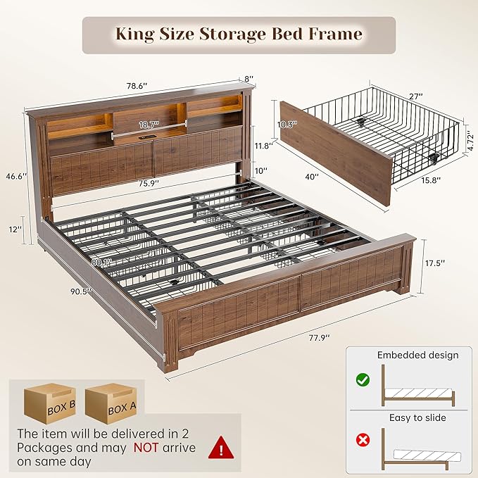 EnHomee King Size Bed Frame and Headboard & Storage, 4 Drawers and LED Built in - Image 2