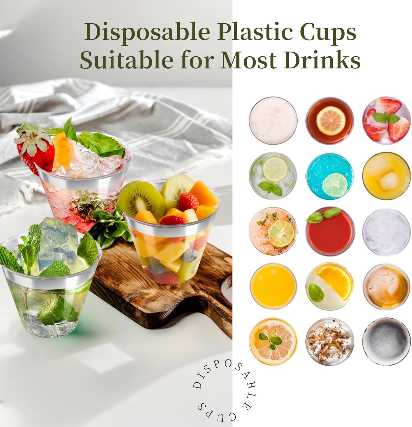 [200 Pack] 9oz Clear Plastic Cups with Silver Rimmed Sturdy & Food Safe Disposable Wine Glasses Party Wedding Disposable Drinking Cups Plastic Cocktail Glasses for Wine, Juice & Cold Beverages
