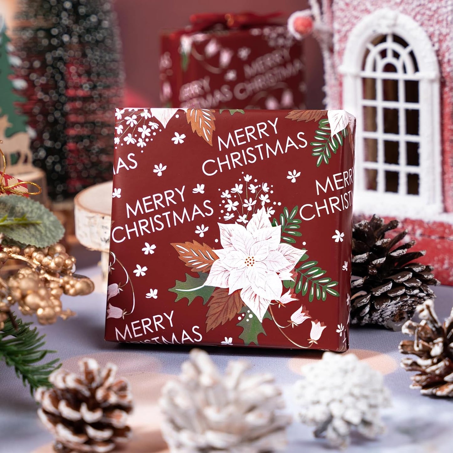 LeZakaa Christmas Wrapping Paper Roll - Red Flower & Merry Christmas Letter Pattern for Holiday, Party - 17 inches x 32.8 Feet (46.45 sq.ft.)