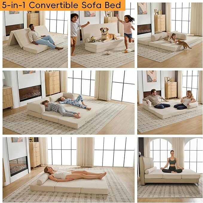 5-in-1 Convertible Sofa Bed, Corduroy Futon Couch Sleeper - Image 3