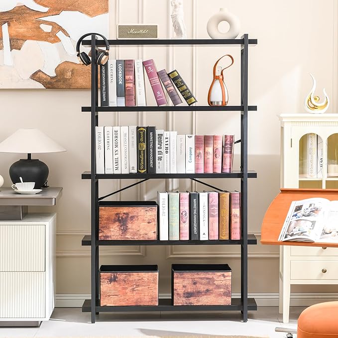 HCHQHS Bookshelf, 5-Tier Industrial Bookcase, Freestanding Tall Bookshelves - Image 2