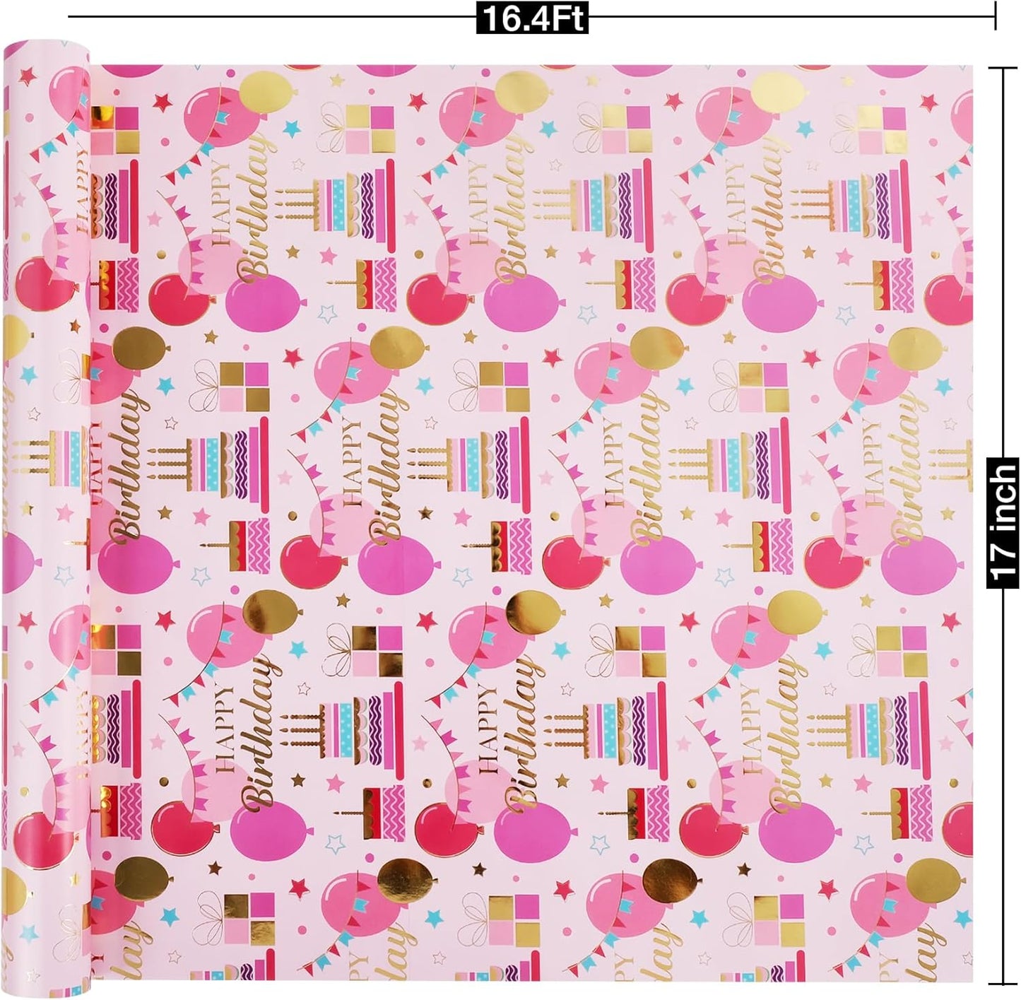 Aimyoo Pink Birthday Wrapping Paper Roll - 17 Inch X 16.4 Feet - Gold Foil Celebration Cake, Balloon, Happy Birthday Lettering Design Gift Wrap for Kids, Baby Showers