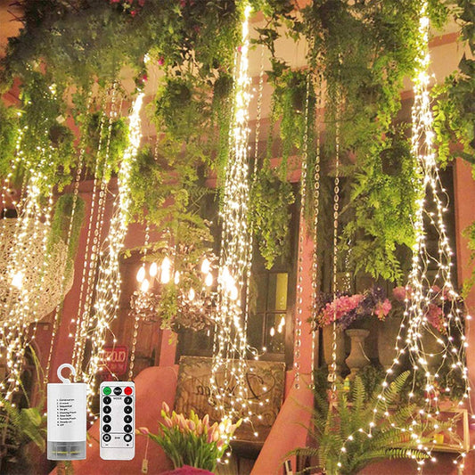 220 LED Firefly Bunch Lights Battery Operated, 8 Flashing Modes Waterproof Copper Wire Waterfall Lights, Remote Controlled Timer and Hooks, Fairy Lights for Indoor Outdoor Decor (Warm White)