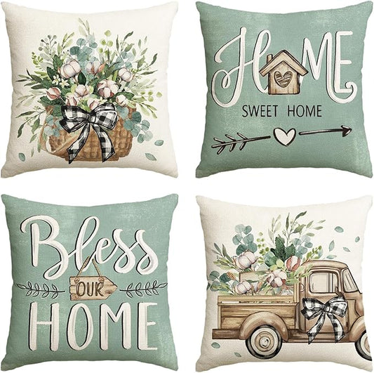 AVOIN colorlife Bless Our Home Farmhouse Eucalyptus Leaves Throw Pillow Covers by AVOINcolorlife