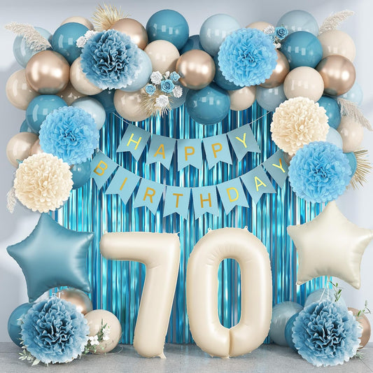 Dusty Blue 70th Birthday Party Decorations for Women Men Beige Cream Number 70 Balloon with Blue Gold Happy Birthday Banner Fringe Curtain Paper Pom Poms Nude White Sand Champagne Star Foil Balloons