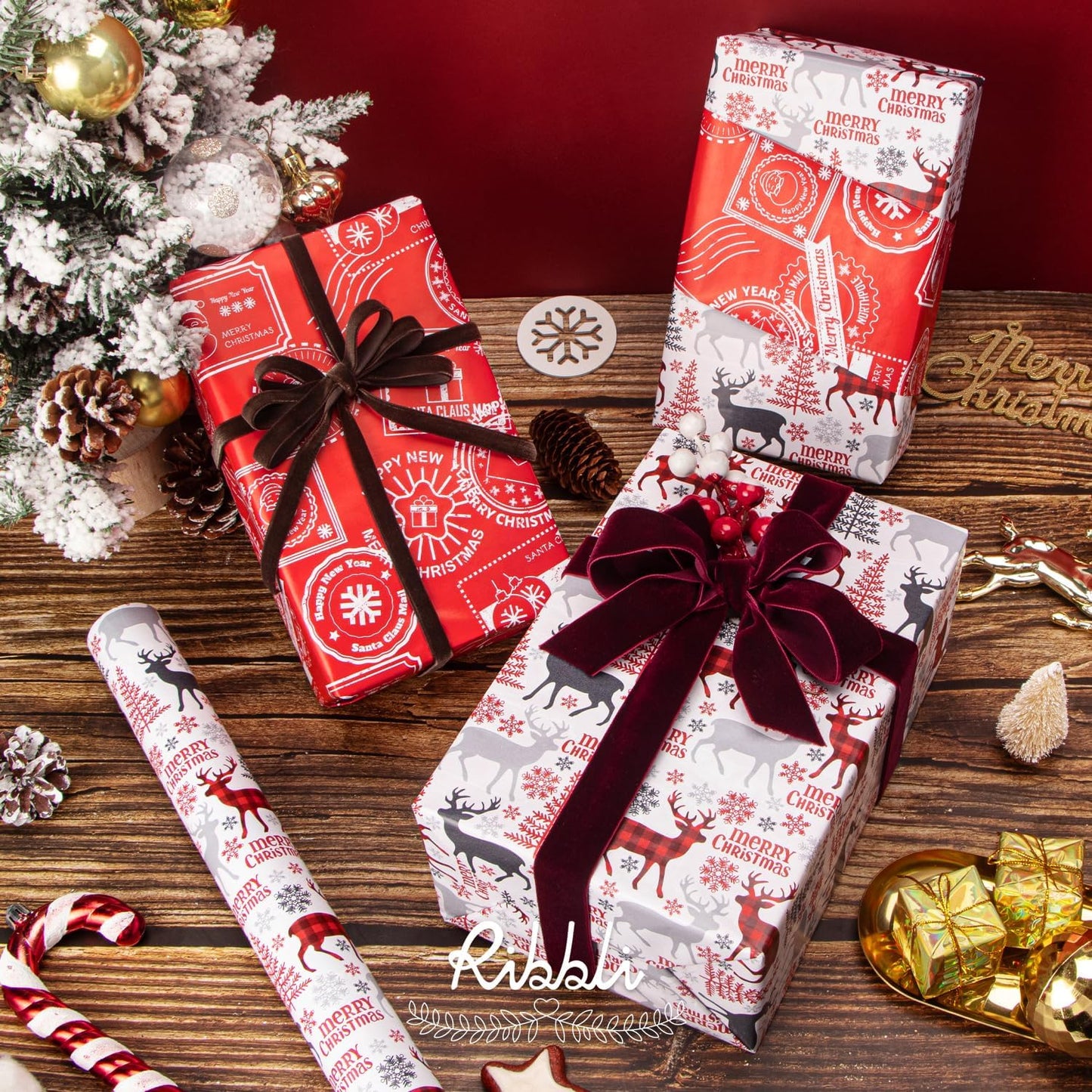 Ribbli Christmas Wrapping Paper Reversible Vintage Reindeer and Christmas Stamp Gift Wrapping Paper Rolls Holiday Presents Decoration-17 Inch x 33 Feet