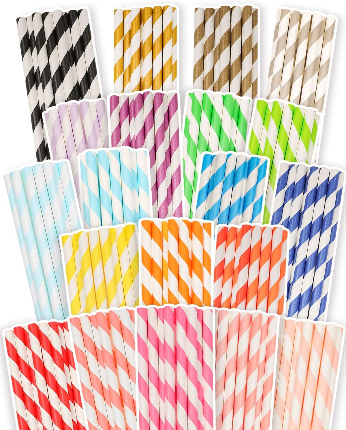 qiqee 200-pack Multi Stripe Rainbow Drinking Paper Straws Disposable Straws Bulk (20-Multi Color)