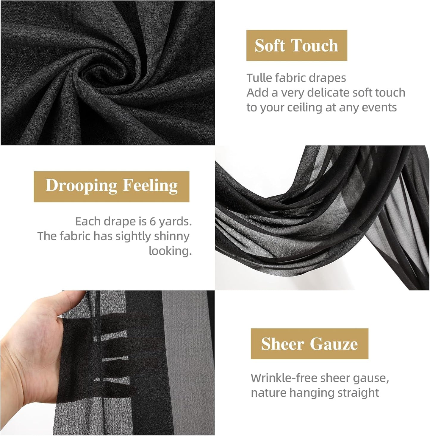 PARTISKY Wedding Arch Draping Fabric 19FT Black Drapery Sheer Curtains for Backdrop Wedding Arch Decorations for Ceremony Stage Reception Banquet Party（1 Panel）, Black