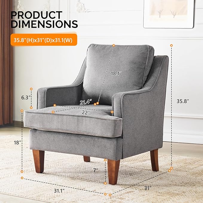 VINGLI Mid-Century Modern Accent Chair, Light Grey Upholstered Armchair Comfy - Image 2