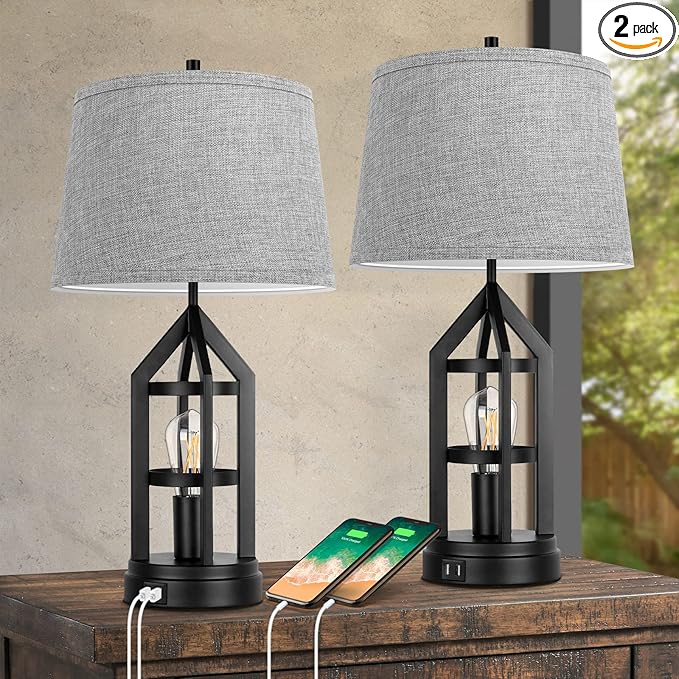 BesLowe 2-Light Farmhouse Rustic Touch Table Lamps Grey, 3-Way Dimmable Bedside by BringYouBrightFuture