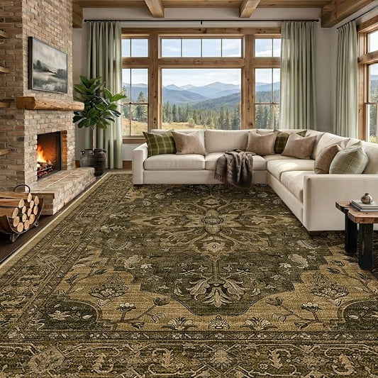 RELEANY Area Rugs 9'x12' Washable Non-Slip, Floral Vintage Distress Print by RELEANY