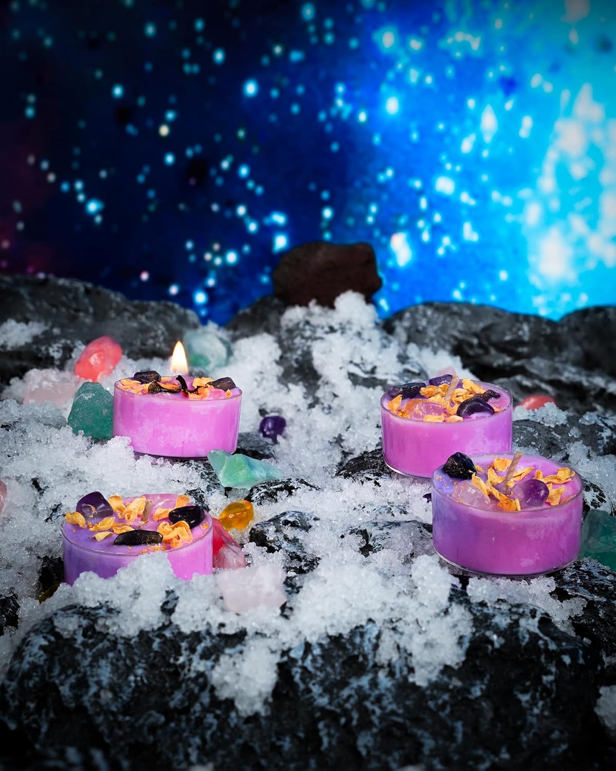 Tealight Soy Candles with Crystals And Herbs, Handmade Energy Candles, Healing Crystal Soy Candles, Aromatherapy Candles. (Purple)