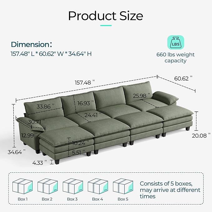 LINSY HOME 157" Modular Sectional Sofa, 4-Seat Corduroy Modern Cloud Couch - Image 2