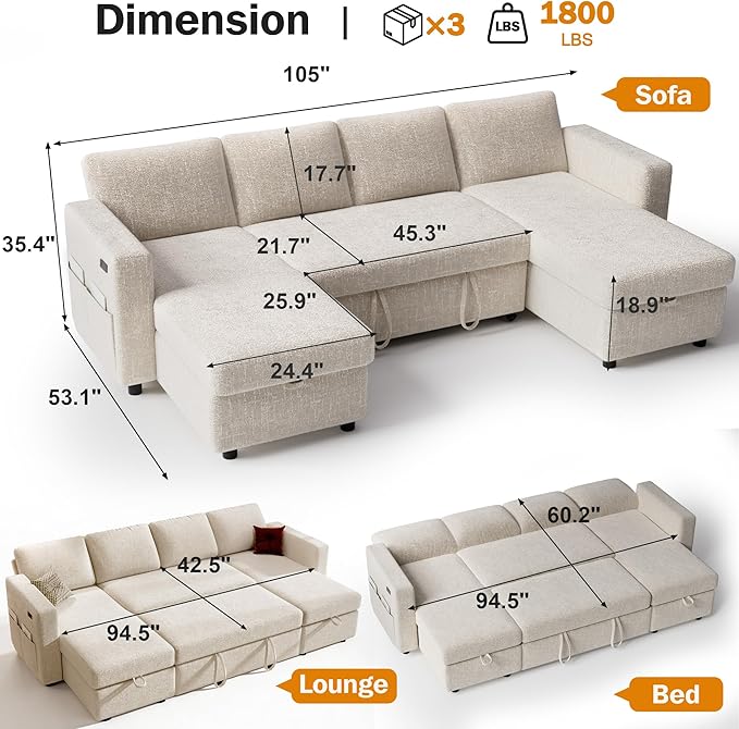 Sunny Heart 106" U Shaped Sectional Sleeper Sofa Bed - Image 2