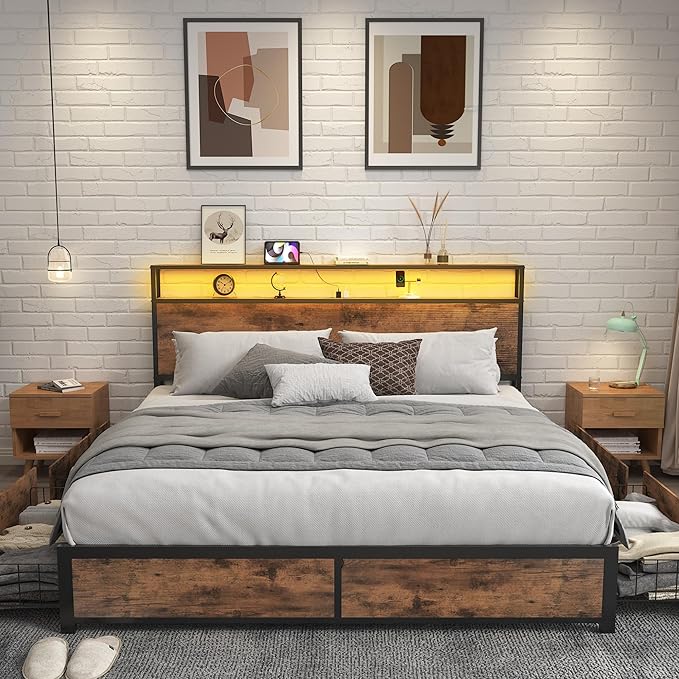 Lifezone Queen Bed Frame with 2-Tier Storage Headboard, Metal Platform Bed - Image 7