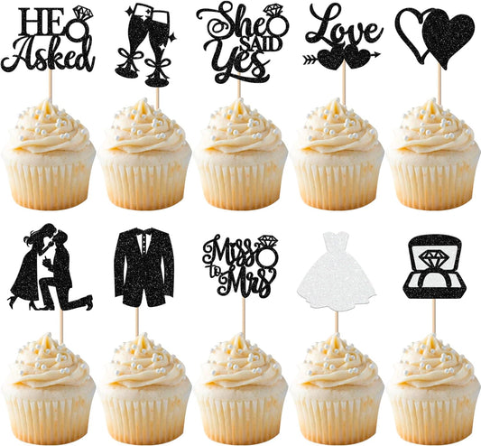 30 Pack Bride to be Cupcake Toppers Glitter Diamond Ring Love I Do Cupcake Picks Miss to Mrs He Asked She Said Yes Bridal Shower Wedding Engagement Bachelorette Cake Decorations Party Black