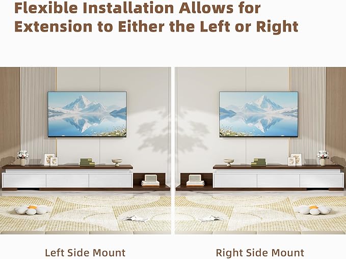 Extendable TV Stand with LED Lights, Modern TV Console with 3 Drawers, Wooden - Image 3