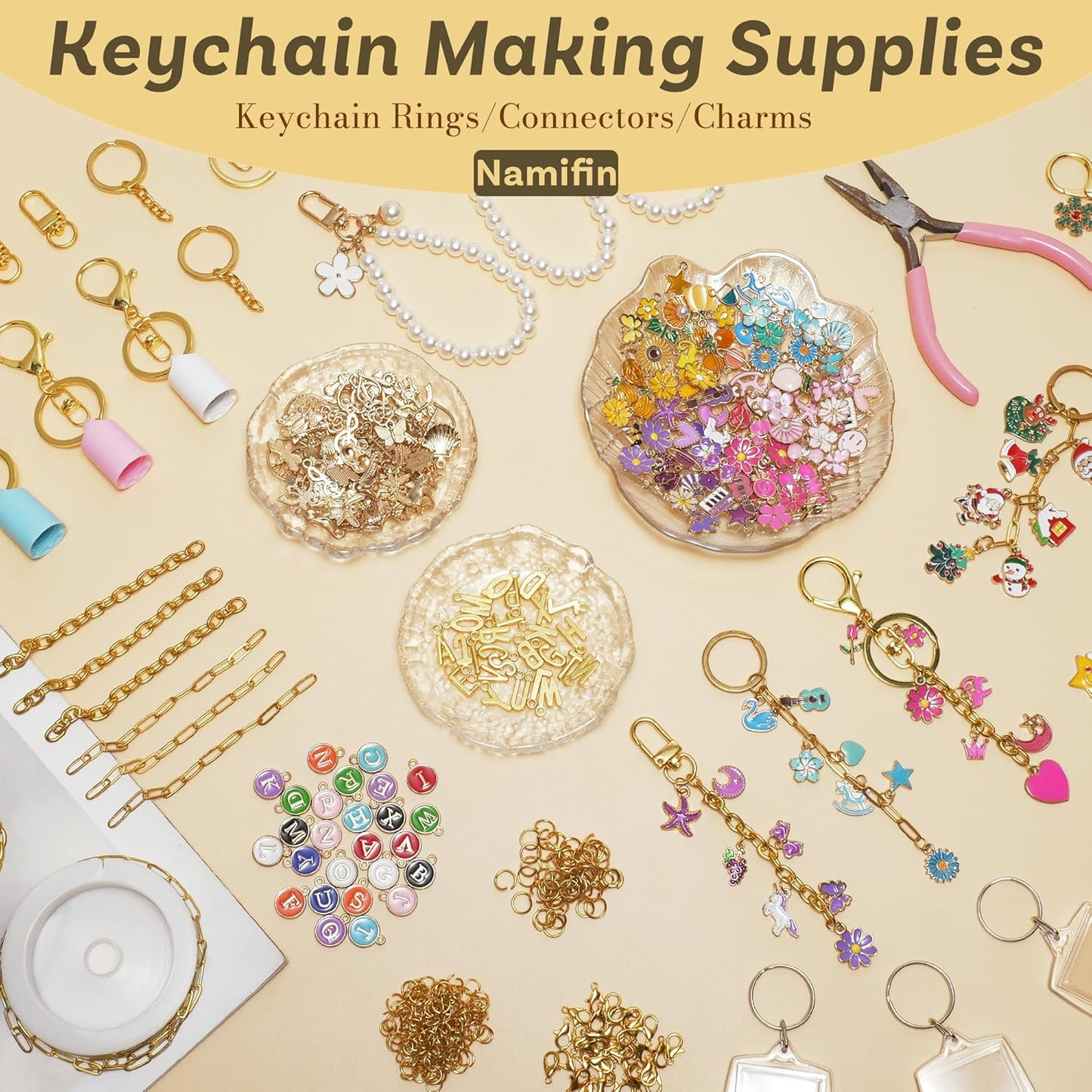 Namifin 384 Pcs Keychain Making Kit with Charms & Keychain Clips - DIY Bag Charms, Pearl Keychains, Photo Keychains, Personalized Gifts for Friends Small Business