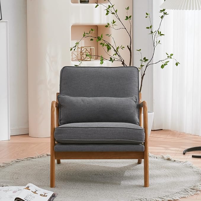 VINGLI Linen Dark Grey Comfy Accent Chair, Mid Century Modern Lounge Armchair - Image 4