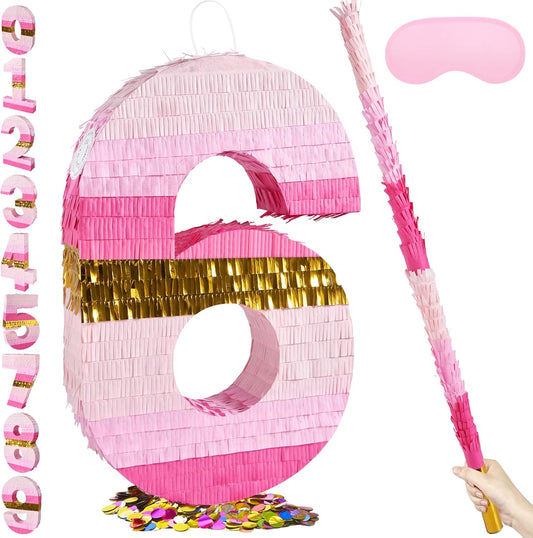 PCFING 20 Inch Number 6 Piñata Pink Gold with 30 Inch Piñata Stick Blindfold Confetti for Boys Girls Adults Birthday Party Decorations, Anniversary Celebration, Fiesta