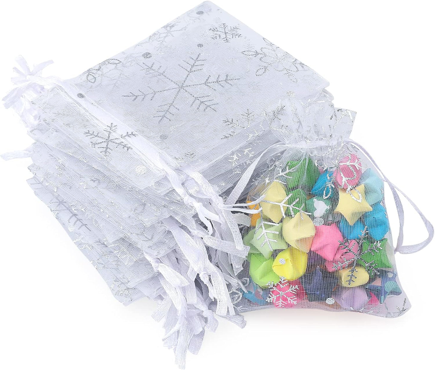 jijAcraft 3x4 Inch White Christmas Organza Bags - 100Pcs Small Snowflake Bag, Xmas Drawstring Mesh Gift Pouches for Gift, Party Favors, Candy