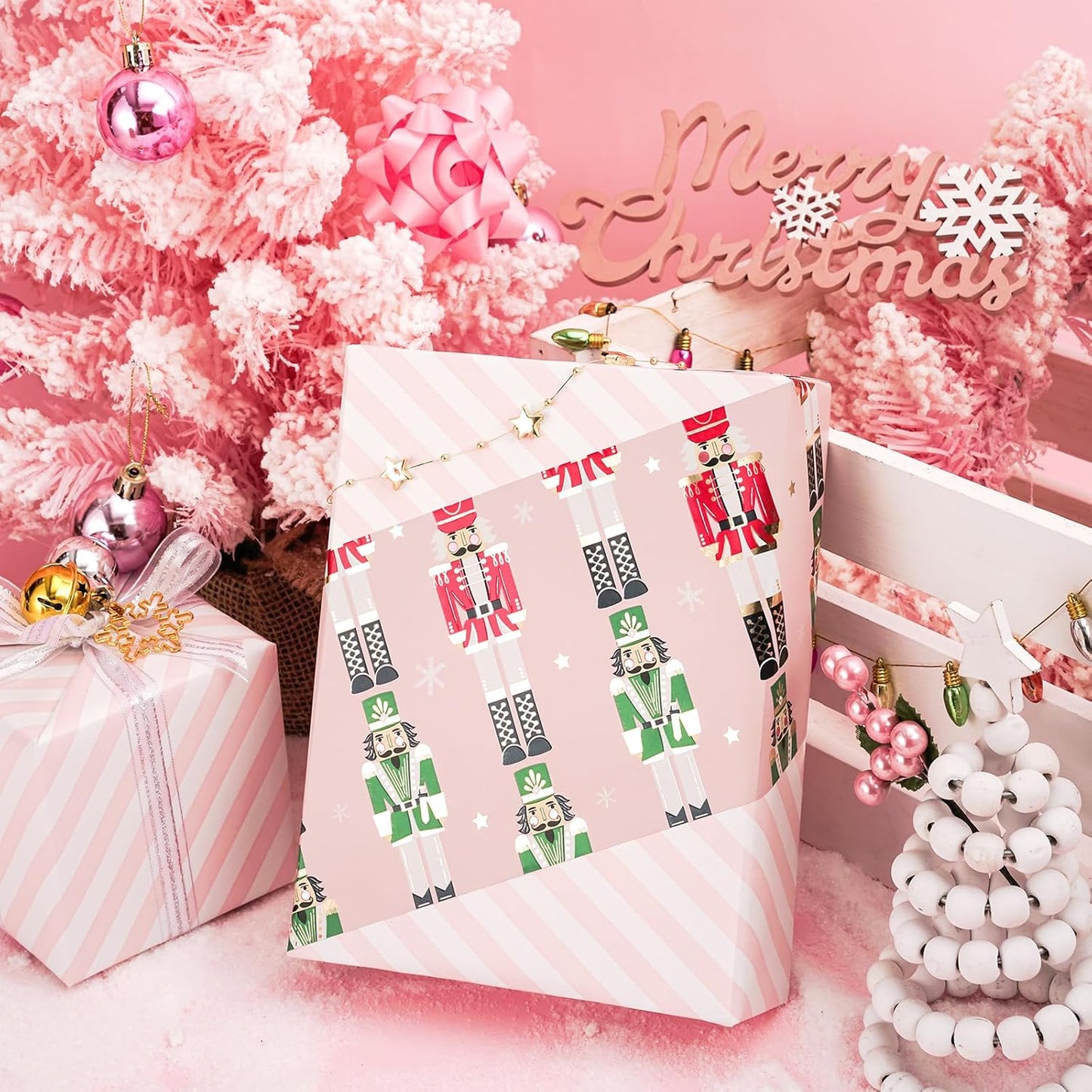 LeZakaa Christmas Pink Wrapping Paper Mini Roll for Kids, Pink Metallic Foil Gift Wrap Paper with Red & Green Nutcracker Soldier & Stripe Reversible Design, 17 inches x 32.8 Feet