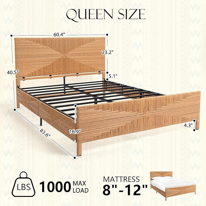 Yechen Queen Rattan Style Boho Bed Frame - Image 2
