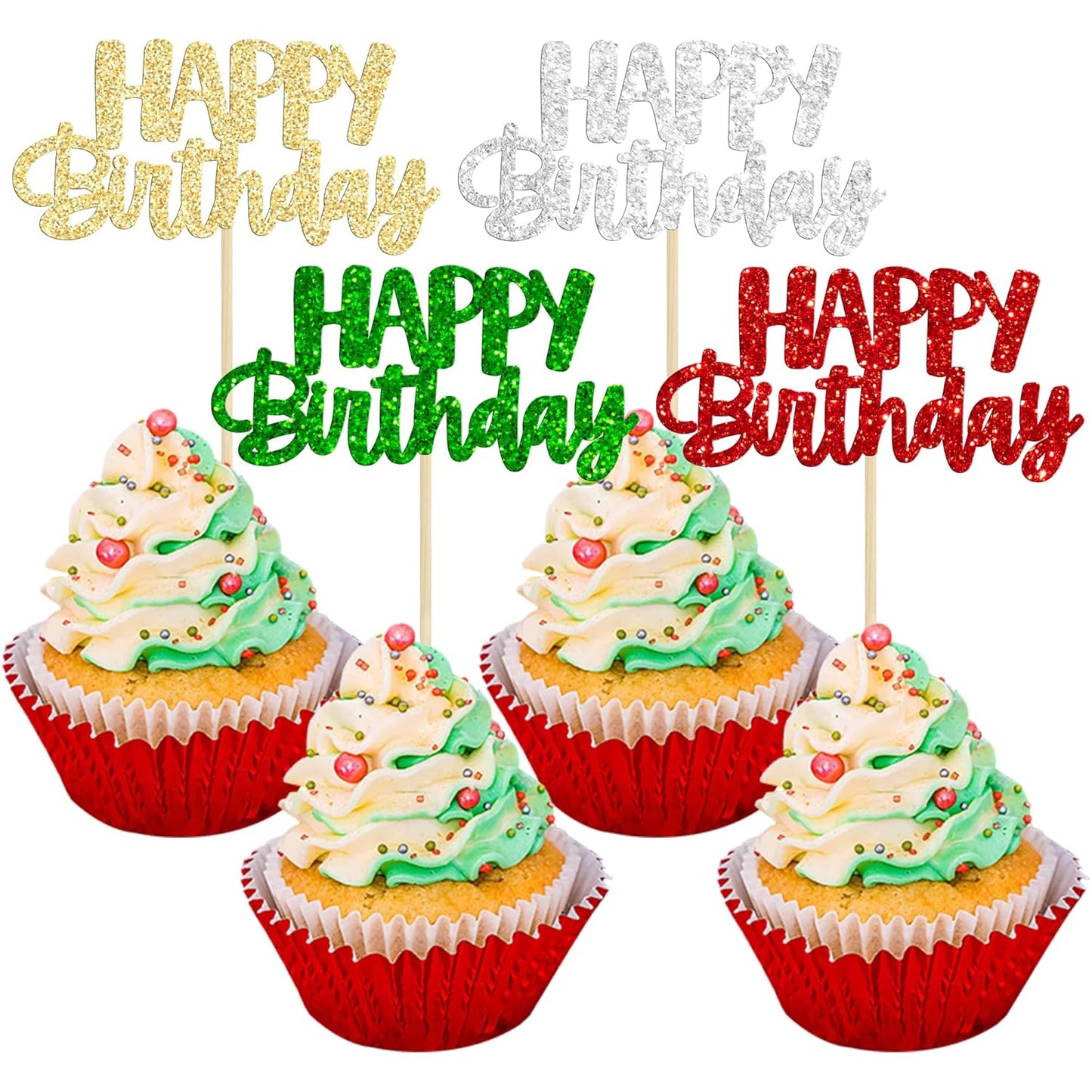 Gyufise 24Pcs Happy Birthday Cupcake Toppers Glitter Birthday Cupcake Food Picks for Celebrating Happy Halloween Theme Party Cake Decorations Supplies Silver Red Green Gold