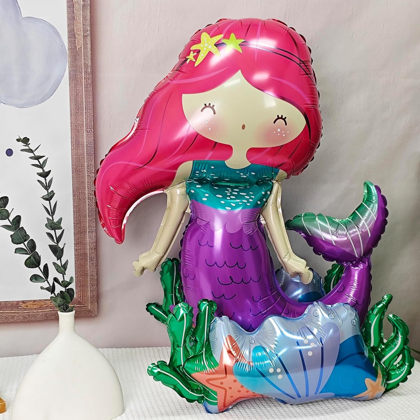 Self Standing mermaid birthday balloon mermaid foil balloon Ocean Balloon for Girls Under The Sea Little Mermaid theme Birthday Party Baby Shower Birthday Decoration Supplies
