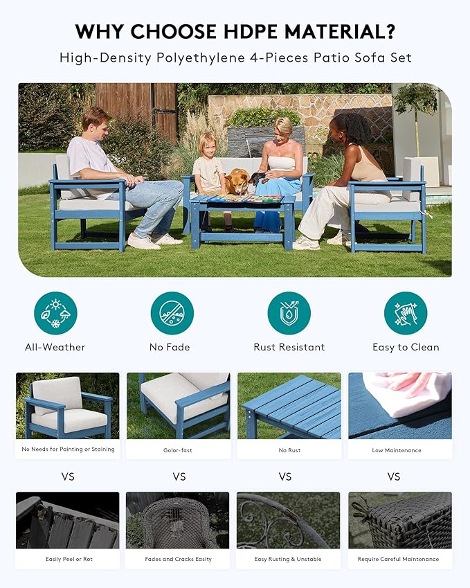 SERWALL 4 Pieces HDPE Outdoor Sofa Set - Image 4