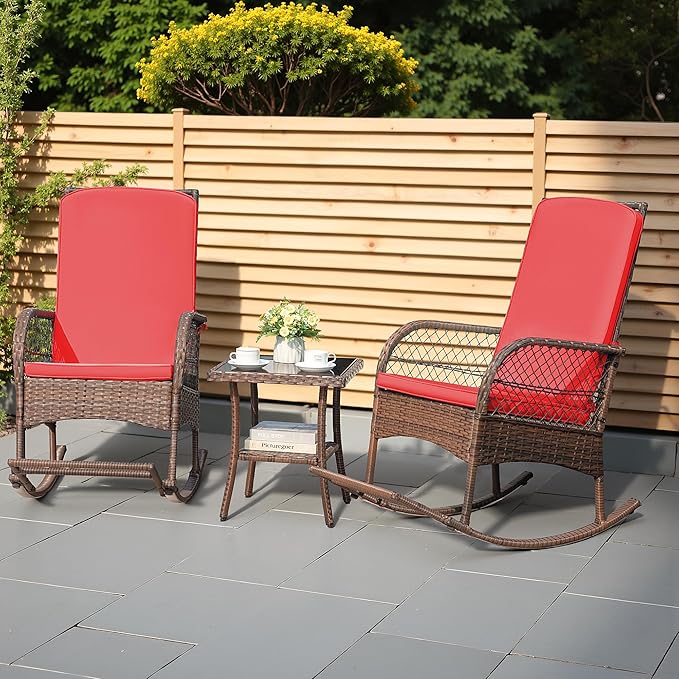 Greesum 3 Piece Outdoor Wicker Rocking Chairs Patio Furniture Set - Image 2