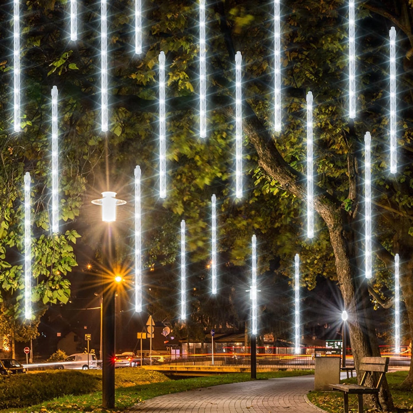 Dazzle Bright Christmas Lights Outdoor, 288LED Meteor Shower Rain Lights 12 Inch 8 Tubes, Waterproof Plug in Falling Icicle Light Christmas Decorations for Xmas Tree Yard House Decor (White)