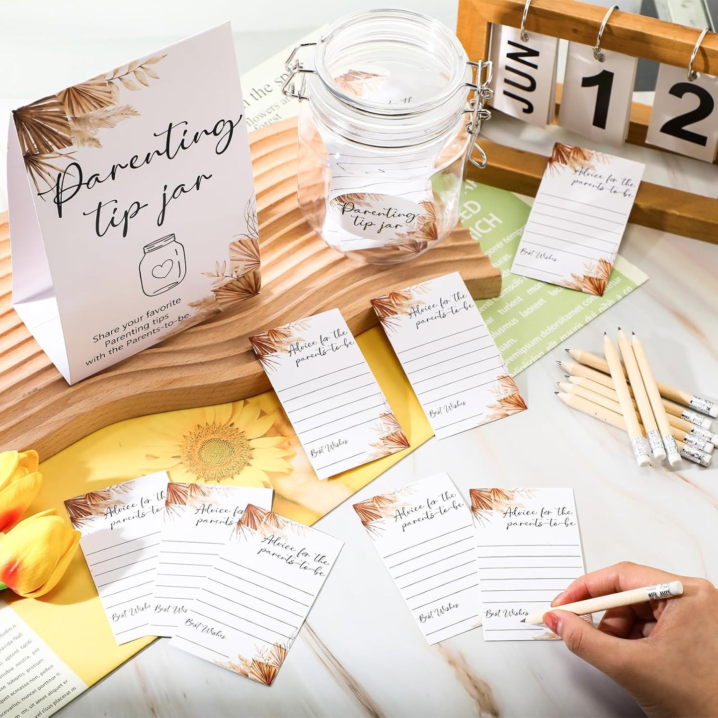 Roowest Baby Shower to Baby Advice Cards for New Parents to Be - Tip Jar Sign for New Parents 60 Parenting Advice Cards 10 HB Pencils 2 Cute Stickers 1 Pet Bottle for Guests Games(Boho)