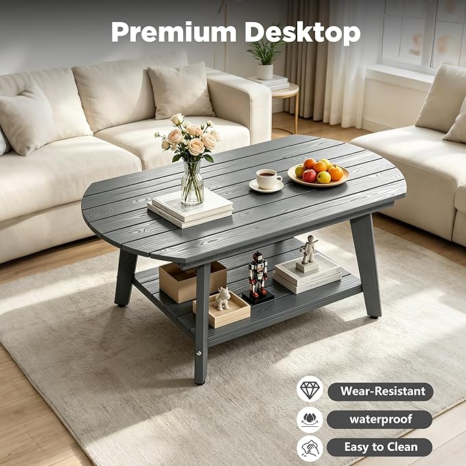 Oval Coffee Table with Open Storage Shelf, Dark Gray Wood Grain Sturdy Coffee - Image 3