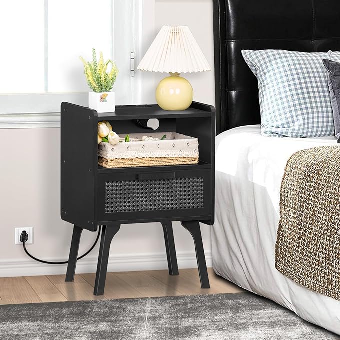 Lerliuo Rattan Nightstand with Charging Station, Side Table with Drawer Open - Image 5