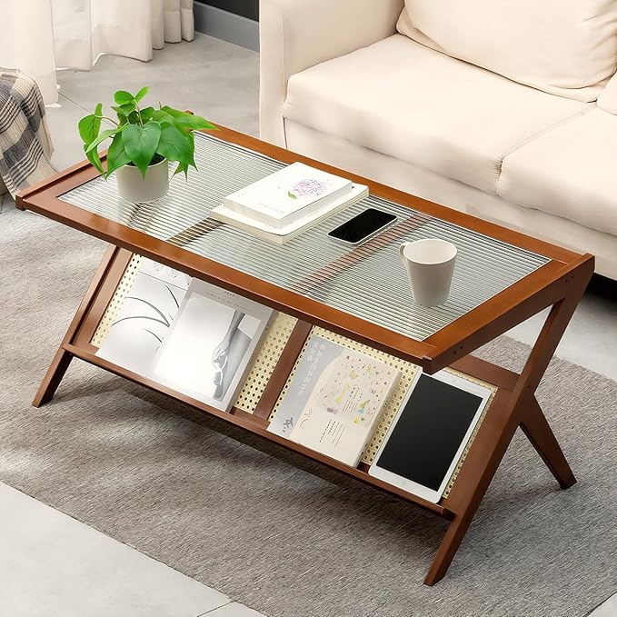Boho-Inspired Rustic Brown Rattan Coffee Table – Mid Century Modern Style - Image 3