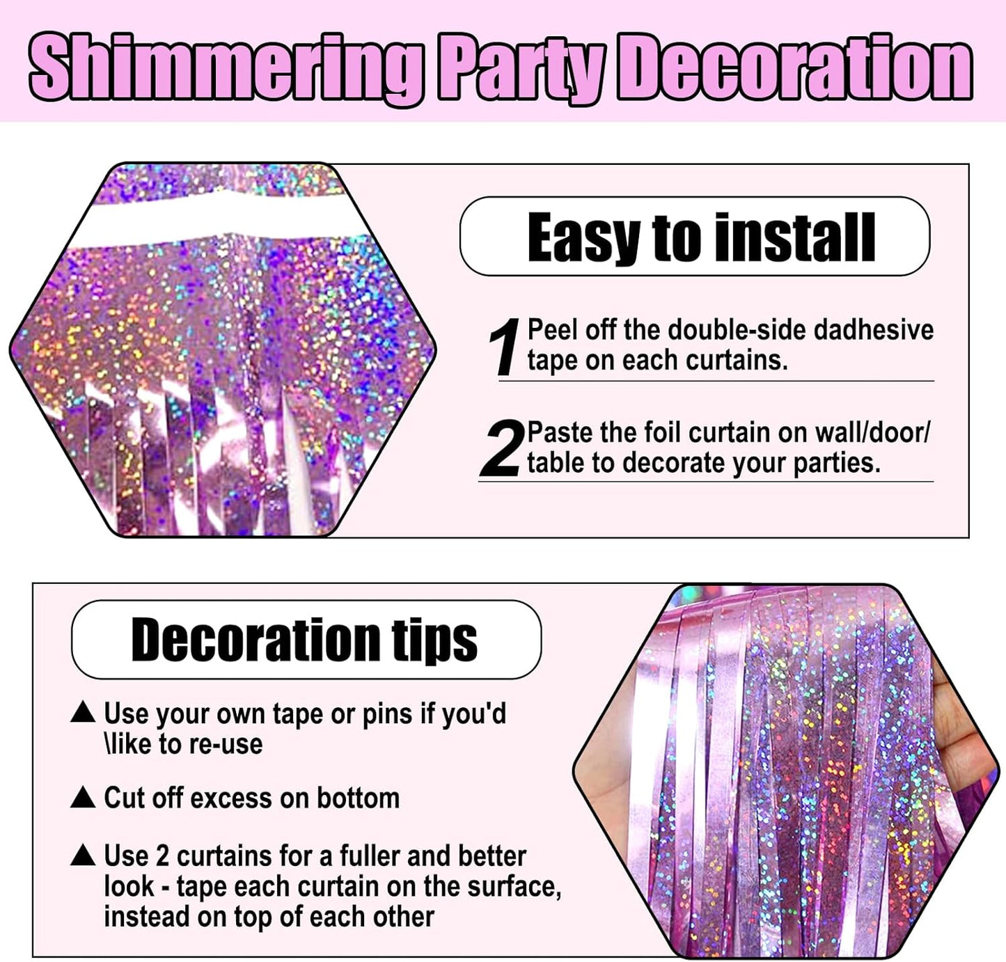3 Pack Pink Foil Fringe Curtain Backdrop, 3.28Ft x 8.2Ft Metallic Tinsel Foil Fringe Streamer Curtains for Photo Booth, Mother's Day, Easter, Birthday, Wedding Party Decorations