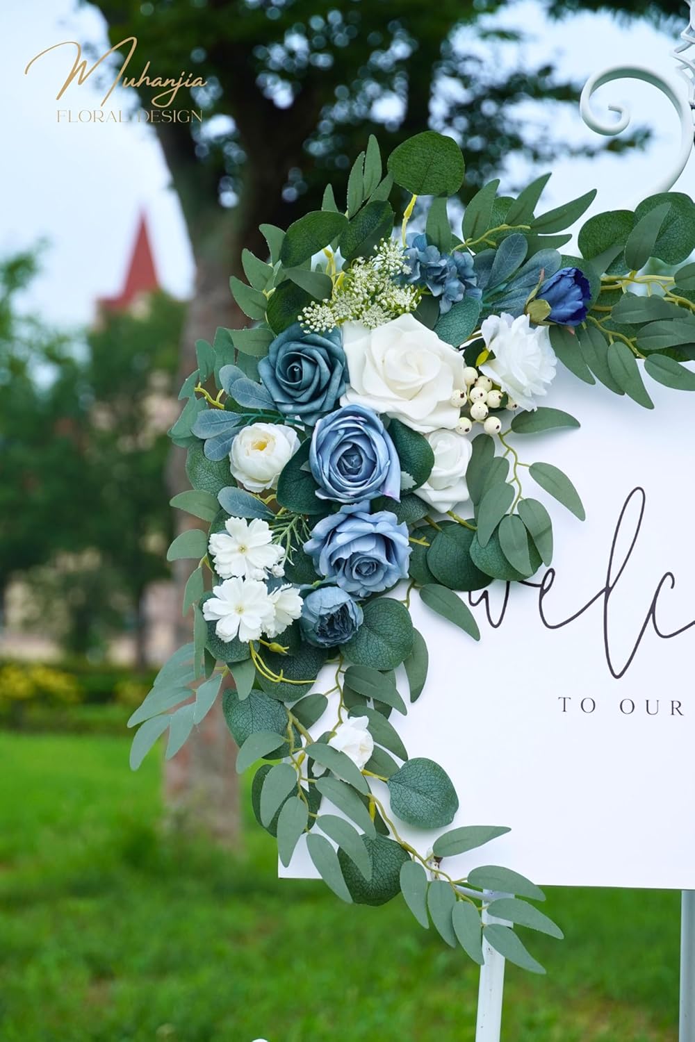 Wedding Sign Faux Flower Swag (Pack of 2) for Ceremony Party Reception Entrance Floral Decor Wall Easel Stand for Wedding Poster Welcome Sign(Blue)