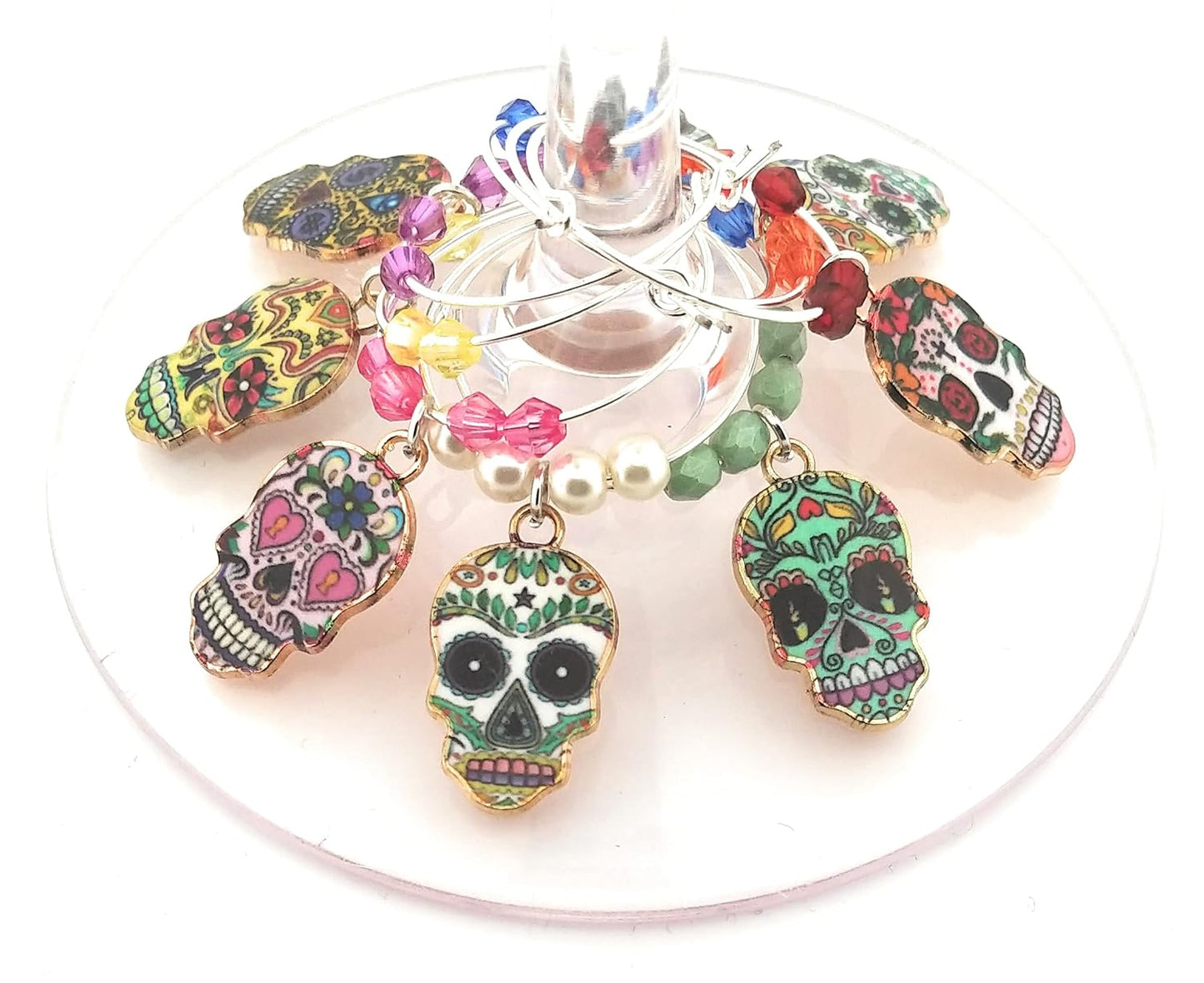 Cinco De Mayo Skull Wine Charms - Day Of The Dead Sugar Skull Glass Identifier Tags - Halloween Glass Markers - Party Table Setting Supplies - 8 Wine Charms/pack