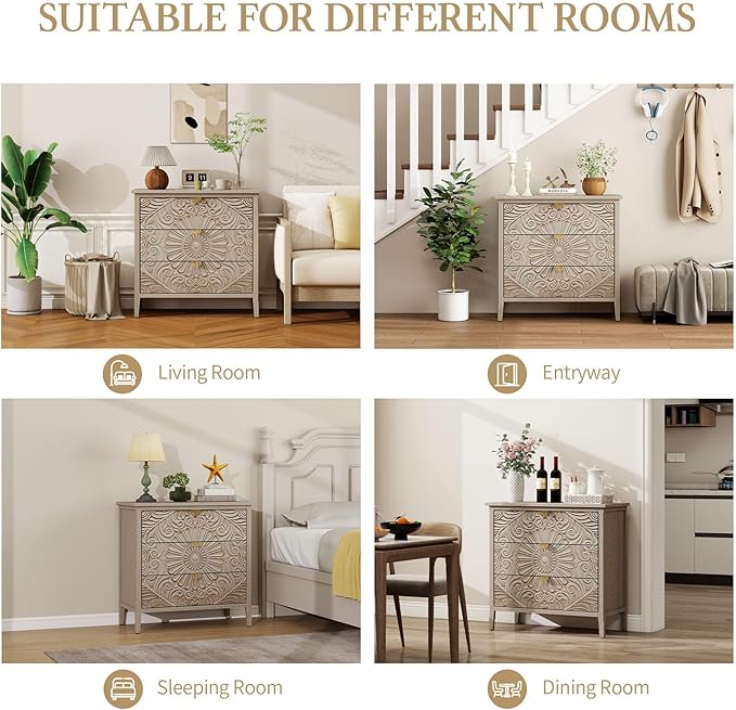 Carved 3 Drawer Cabinet with Floral Pattern & Gold Handles, 31.5" W Distressed - Image 5