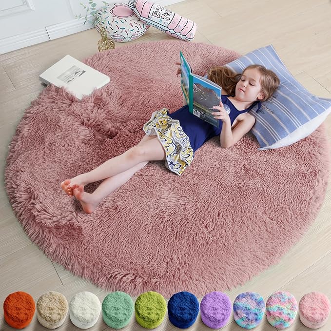 Blush Fluffy Round Rug 5Ft for Bedroom, Fuzzy Plush Circle Area Rugs for Baby by Amdrebio