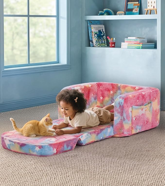 Kids Couch, 2-in-1 Soft Toddler Couch Fold Out - Image 2