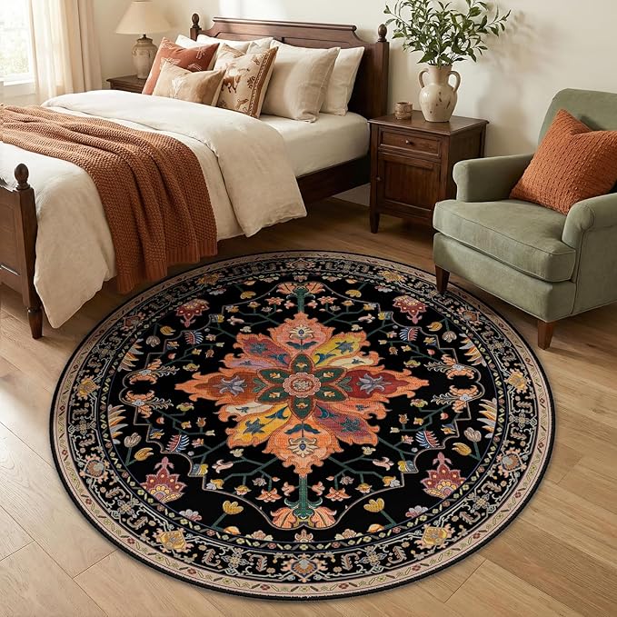 RELEANY Area Rugs Round 5ft Washable Non-Slip, Floral Vintage Distress Print - Image 3