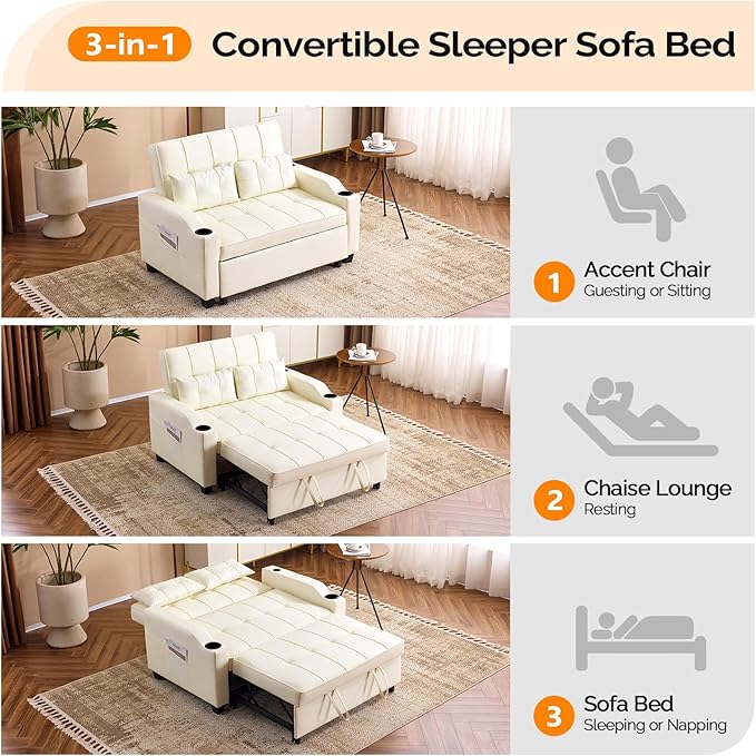 VINGLI Beige Futon Sofa Bed Convertible Loveseat Sleeper Couch, Faux Leather - Image 4