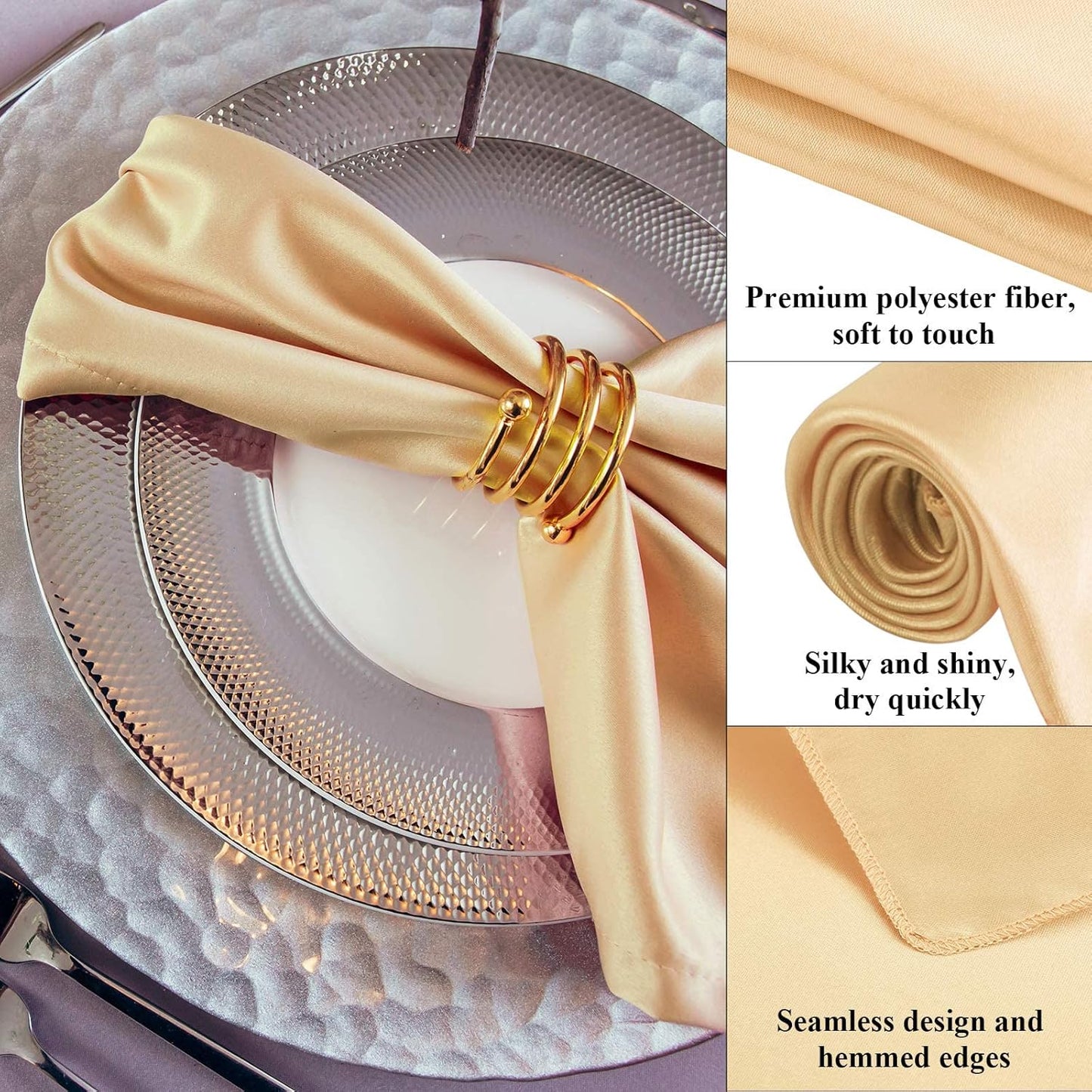 Aneco 24 Pieces Satin Napkin Square 20 x 20 Inches Dinner Napkins Weddings Party Napkin Soft Table Napkins for Romantic Weddings Party Dinner Decoration (Gold)