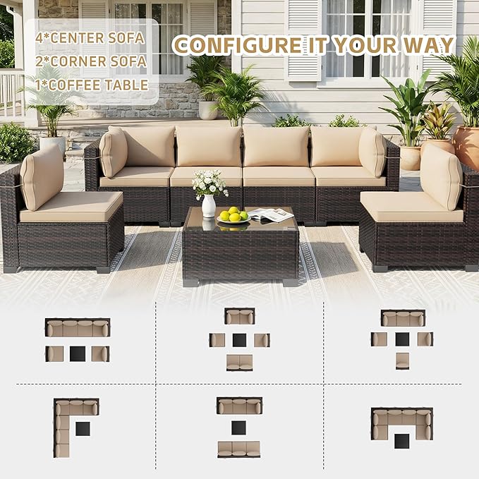 CHABATREE 7pcs Outdoor Patio Furniture Sets, Rattan Conversation Sectional Set - Image 6