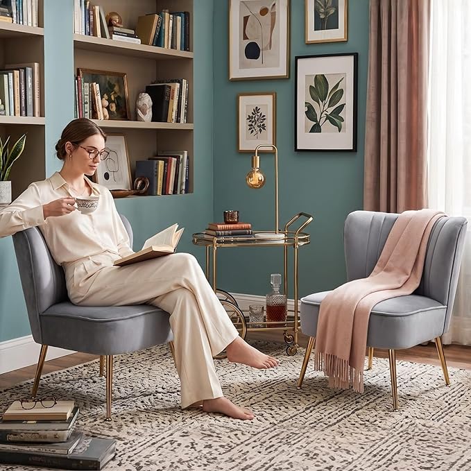 Velvet Accent Chair Set of 2 Comfy Living Room Chair Armless Slipper Chair Mid - Image 3