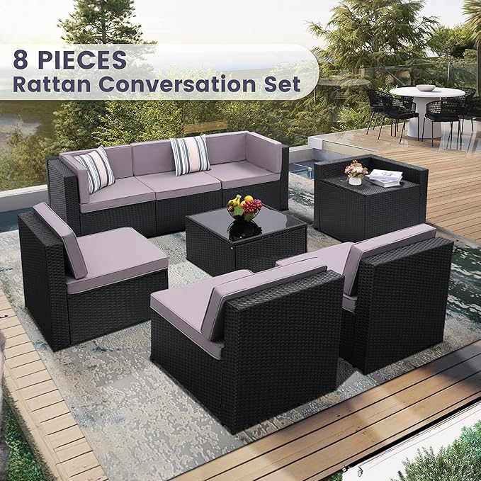 KROFEM 8-Piece Patio Furniture Set, Outdoor Wicker Rattan Sectional - Image 2