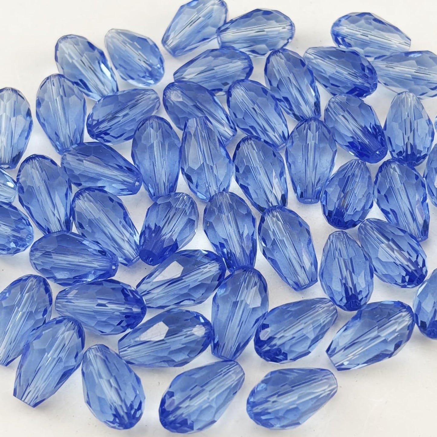 130pcs 6x8mm Teardrop Crystal Glass Beads for Jewelry Making, Faceted Vertical Hole Teardrop Glass Spacer Beads for Wind Chimes Bracelet Earring Necklace DIY Craft(Light Blue)